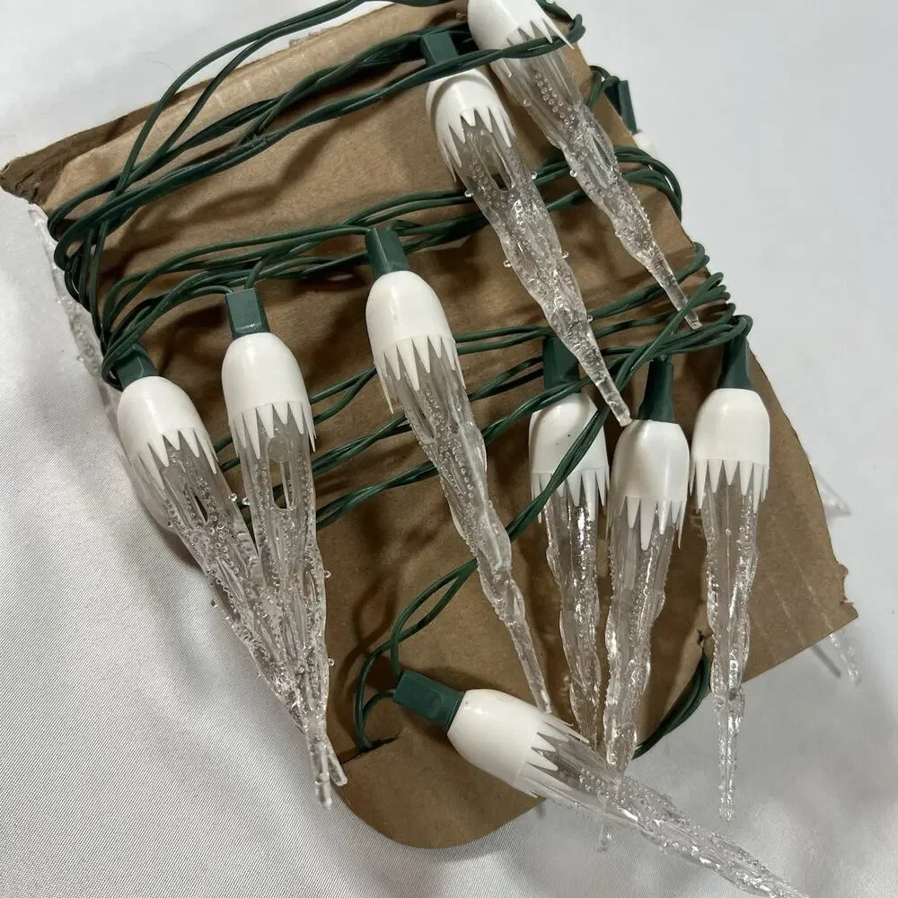 Vintage White Clear Icicle Christmas String Lights Set of 20 Green Wire Cord